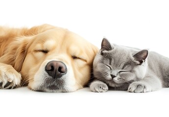 Fototapeta premium Adorable Golden Retriever and Cute Grey Kitten Sleeping Together in Cozy Pose : Generative AI