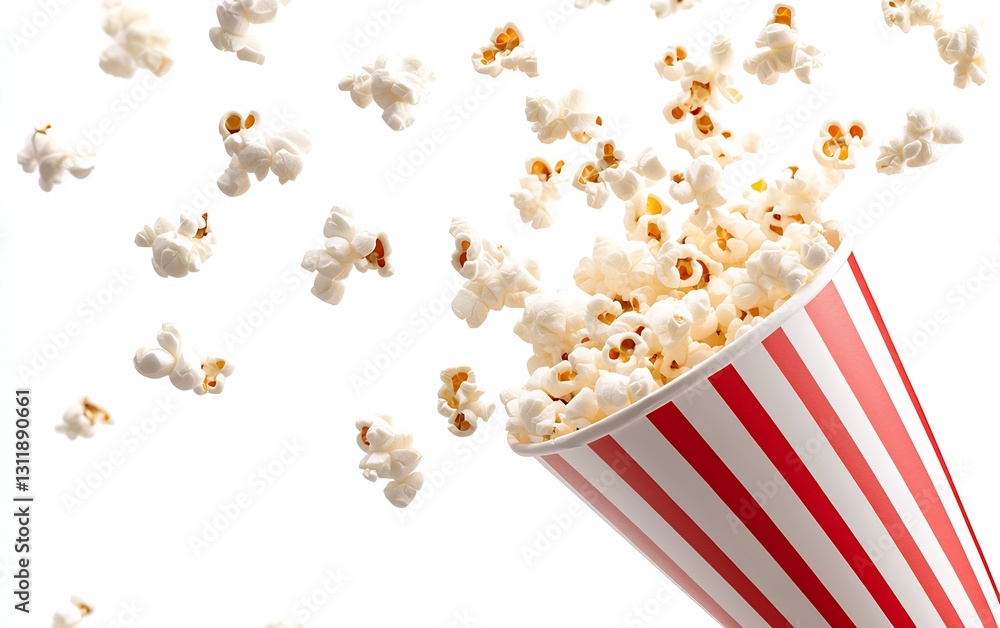Poster Red and White Striped Cup Overflowing with Freshly Popped Popcorn on a Pure White Surface : Generative AI