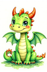 Fototapeta premium A drawn cute smiling green dragon with wings sits and looks into the camera, place for the text, a congratulatory card.