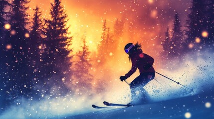 Fototapeta premium Winter's Embrace: A Skier's Descent Through a Snowy Forest Landscape