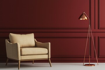 Luxurious red wall, beige armchair, sleek lamp.
