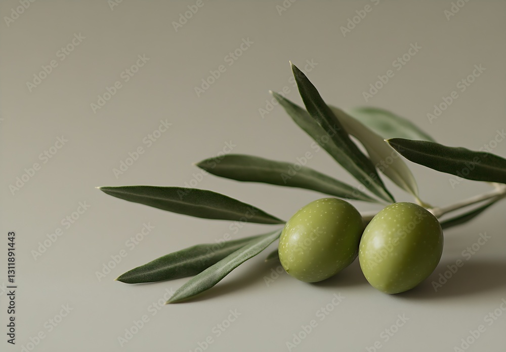 Poster fresh green olives with leaves showcasing vibrant color and texture on smooth surface : generative a