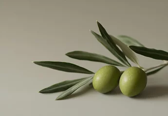 Fresh green olives with leaves showcasing vibrant color and texture on smooth surface : Generative AI