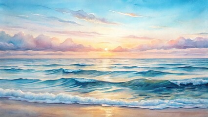 Serene ocean waves gently rolling onto a sandy shore at sunset, painted in soft pastel hues, reflecting the calmness of nature