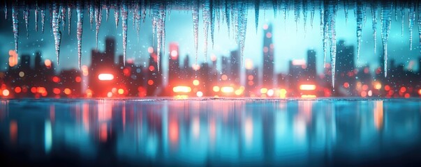 Obraz premium Iceberg melting concept. A vibrant city skyline reflected in a serene water body at night with colorful lights.