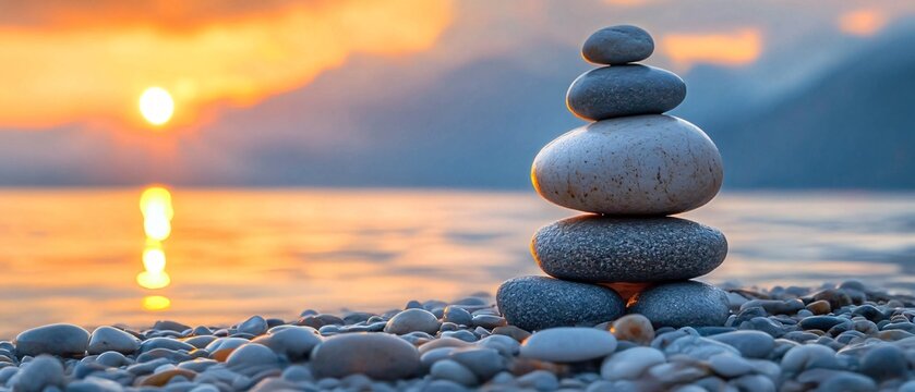 Tranquil sunset rock balancing on beach