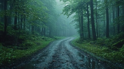 Obraz premium Walking Along Wet Path Through Misty Forest with Tall Green Trees