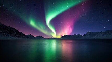 Aurora borealis northern lights concept. Breathtaking view of auroras over a serene mountain lake at night.