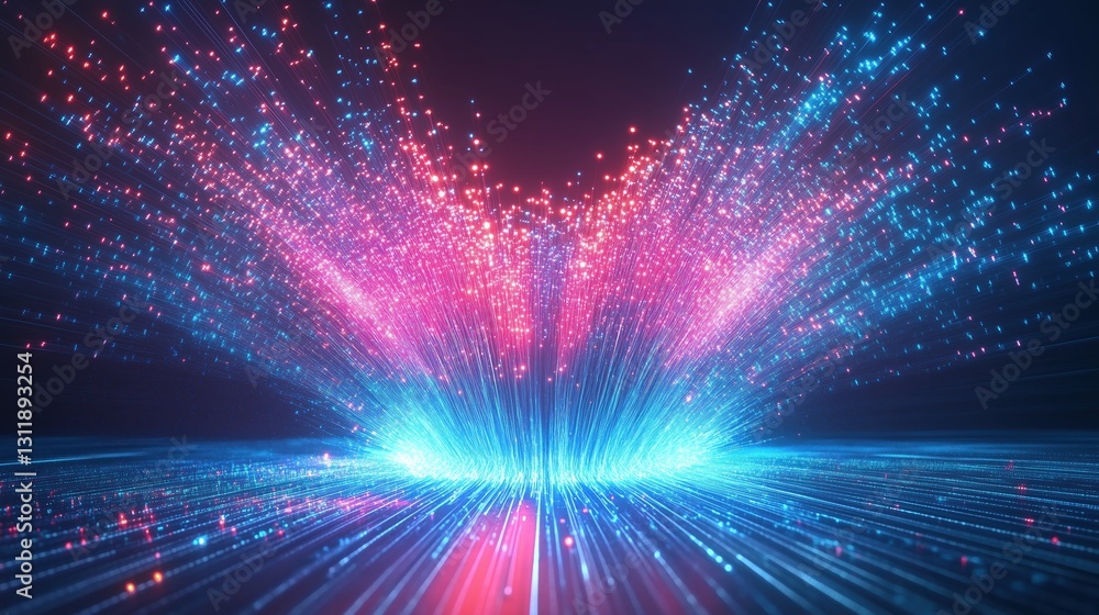 Poster  Glowing fiber optic light background in red and blue colors, representing big data technology with high-speed tunnel effect. Digital abstract design for optical communication networks and web banners