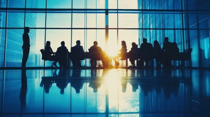 Silhouetted Business Meeting at Sunset in Modern Office