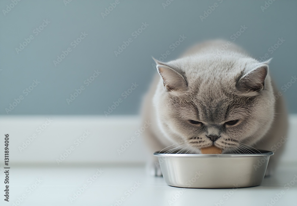Poster cute cat focused on eating from its bowl in a modern home environment with gray walls : generative a