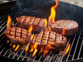 Juicy grilled steaks searing on a barbecue with vibrant flames and smoky aromas.