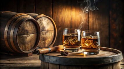 Two glasses of amber liquid with ice cubes, resting on a wooden barrel top, near other aged wooden barrels and a cigar, emitting a wisp of smoke.