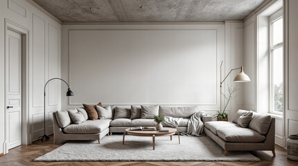 A living room with a fireplace and a white couch