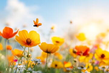 Obraz premium A vibrant summer meadow alive with dragonflies and butterflies flying among wildflowers under a clear blue sky