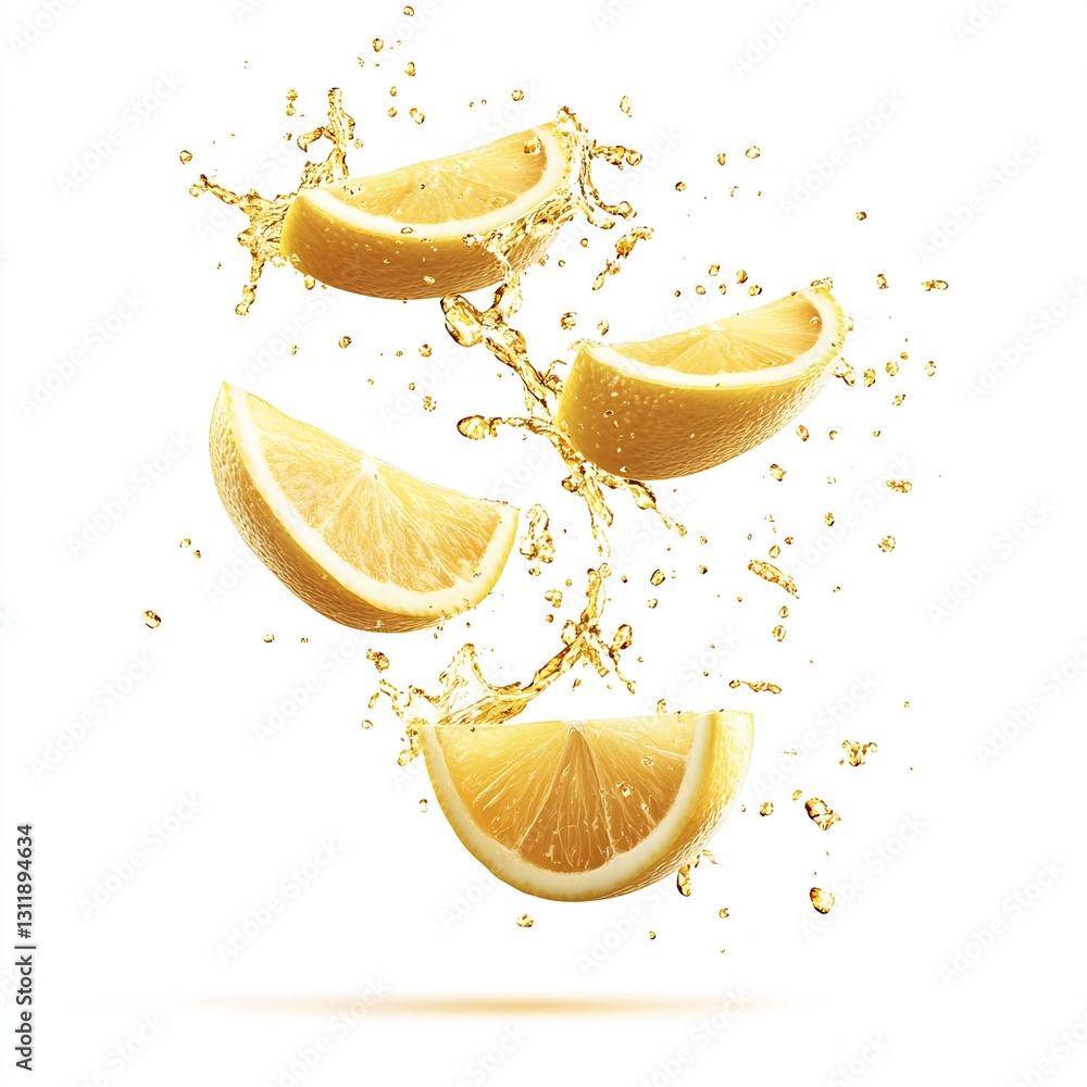Poster floating lemon slices with splashing juice for a summery vibe in clean background : generative ai