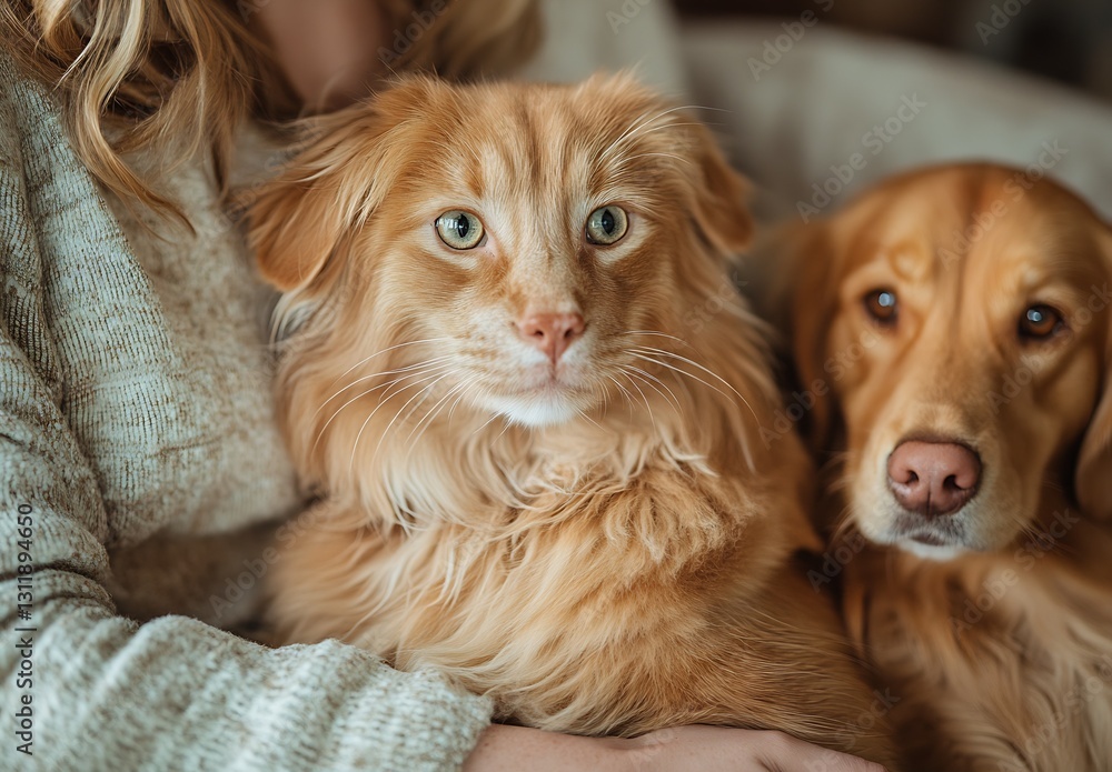 Poster smiling golden retriever and orange tabby cat snuggled in a warm and cozy environment : generative a
