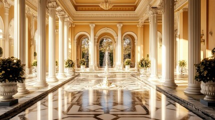 Fototapeta premium Sunlit Classical Interior with Marble Floors and White Columns