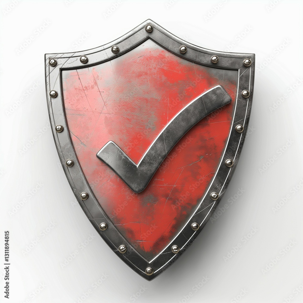Poster a metallic shield with a red finish featuring a prominent check mark, symbolizing security and prote