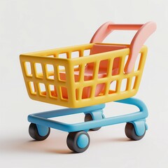 Colorful children's shopping cart in yellow and blue, designed for play and imaginative shopping adventures.