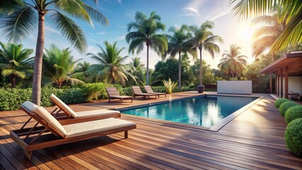 Obraz premium Tranquil Poolside Oasis Luxurious Lounge Chairs on a Sun-Drenched Deck Surrounded by Lush Tropical Greenery and a Sparkling Swimming Pool
