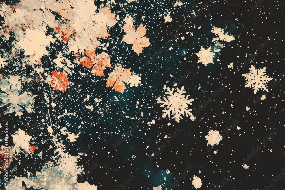 Poster a blurry background features a snowfall texture, accompanied by silver and gold abstract bokeh light