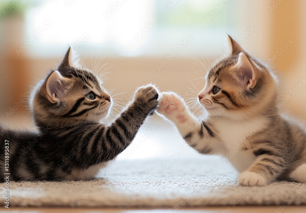Poster cute playful kittens bumping paws in a cozy indoor setting showcasing adorable feline interaction : 
