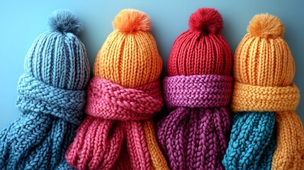 A beautifully arranged display of knitted winter hats scarves and gloves on a pastel backdrop