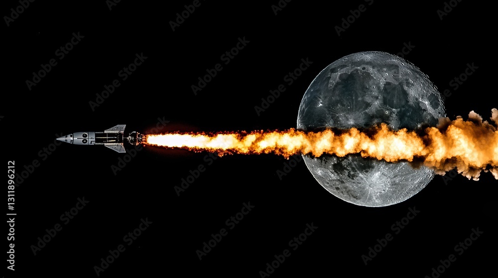 Poster a sleek rocket streaking through space, leaving a fiery trail as it passes the moon. ideal for conce