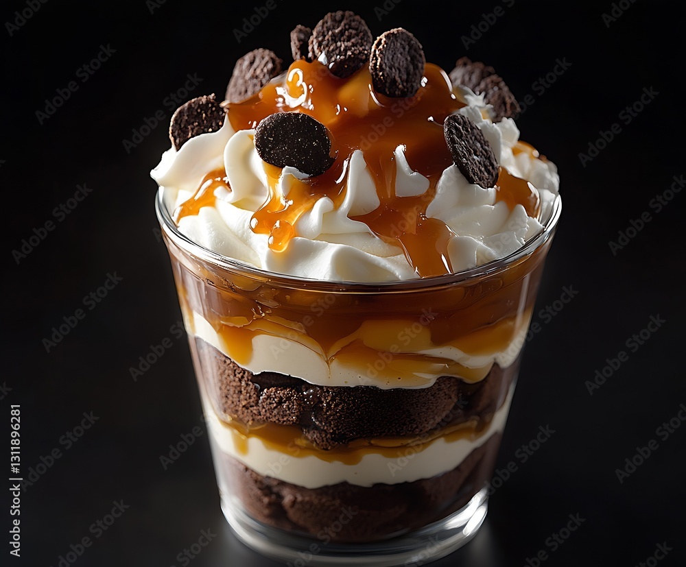 Poster decadent dessert parfait layered with creamy layers and topped with oreos and caramel drizzle : gene