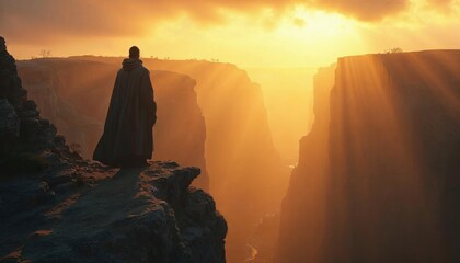Mysterious cloaked figure standing on a rocky cliff, gazing at a glowing sunset over a vast canyon landscape