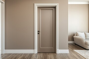 Smooth taupe entrance, mocha-toned wall for a timeless visual appeal.