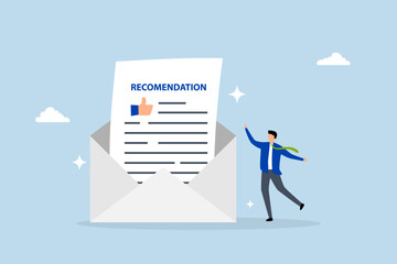 Recommendation letter, joyful entrepreneur holding letter of recommendation in email envelope. 