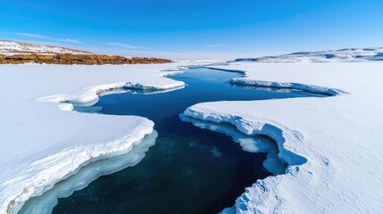 Iceberg melting idea. Expansive icy landscape with a serene blue river cutting through the snow.