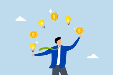 Idea to make money, businessman entrepreneur juggling lightbulb and money dollar coin.