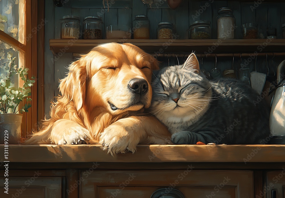 Poster golden retriever and tabby cat enjoying a cozy afternoon together in a warm kitchen setting : genera