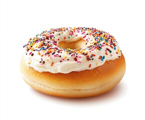 Colorful Sprinkled Doughnut with Whipped Cream on a White Background : Generative AI
