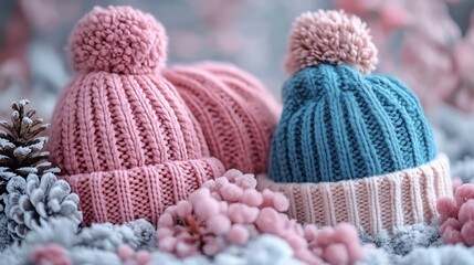 Soft and stylish winter essentials featuring knitted hats and gloves on a gentle pastel surface