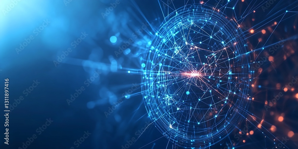 Poster Vibrant Network Visualization with Blue and Orange Lights Representing Data Connections and Technology : Generative AI