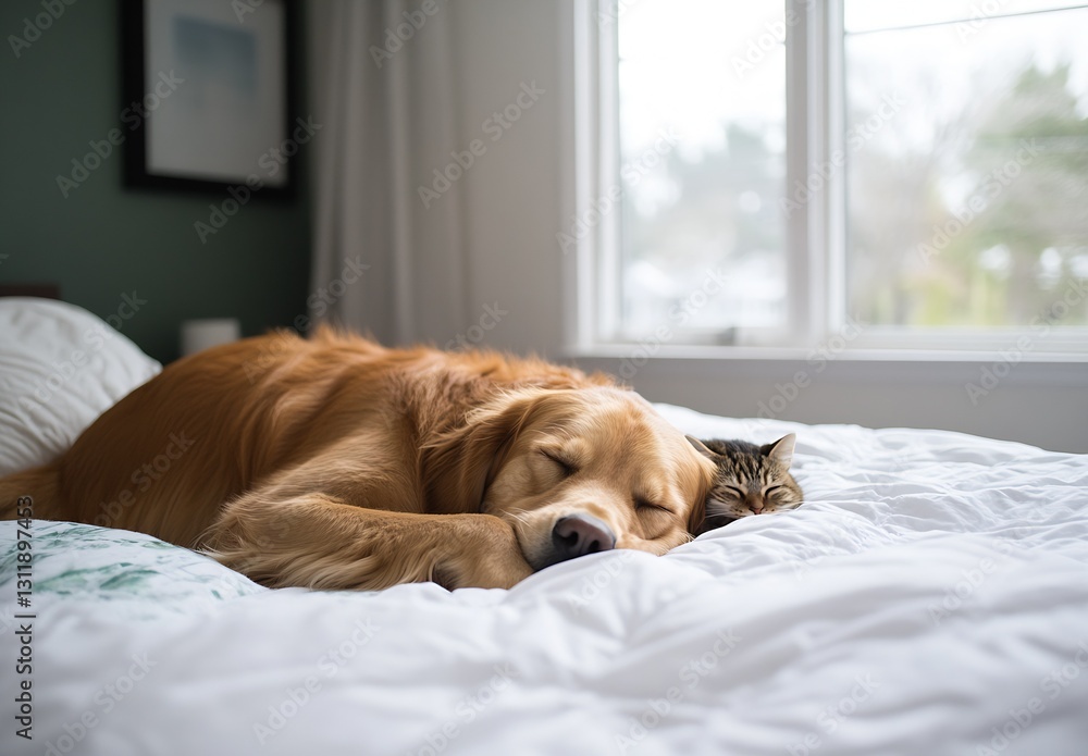 Poster golden retriever and tabby cat resting side by side on bed highlighting animal companionship : gener
