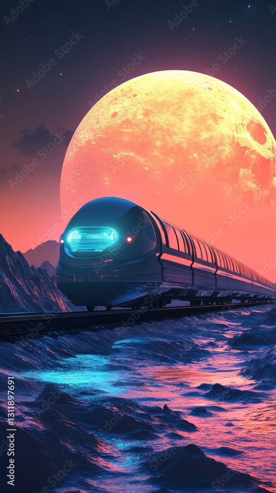 Poster a modern futuristic train with neon lights runs under a vivid glowing moon, casting vibrant reflecti