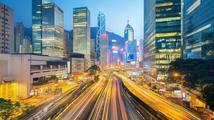 Obraz premium Hong Kong's vibrant cityscape illuminates the twilight skyline with glowing trails