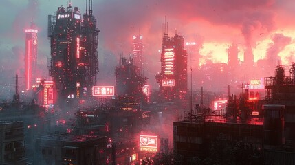 Neon Cityscape with Glowing Red Lights in Dystopian Future Setting