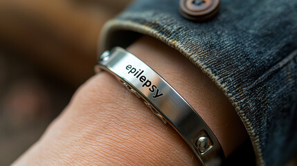 Epilepsy awareness concept. Close up of medical alert bracelet with epilepsy engraved, worn on wrist