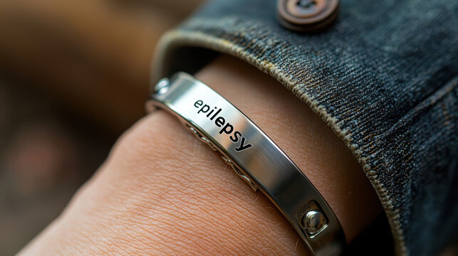 Epilepsy awareness concept. Close up of medical alert bracelet with epilepsy engraved, worn on wrist