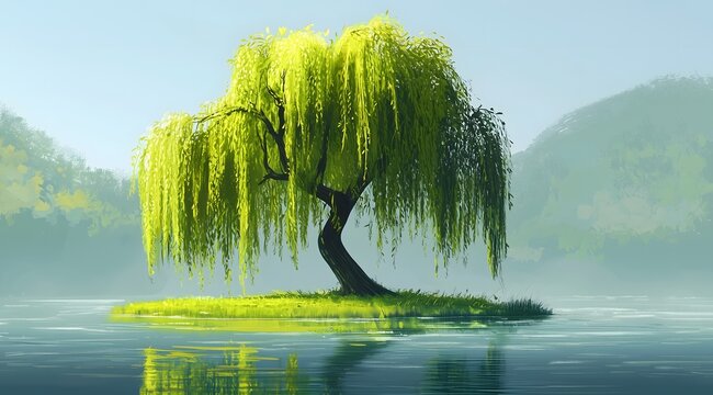 Willow tree on island in lake