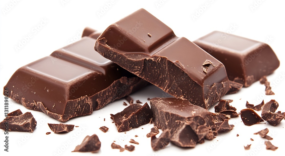 Poster Rich Dark Chocolate Bar with Pieces and Crumbles on White Surface for Culinary Use : Generative AI