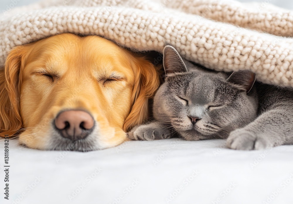 Poster adorable golden retriever and gray cat snuggling under cozy blanket for heartwarming home vibes : ge