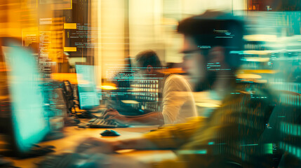 Blurred motion of individuals working on computers in a busy office environment, suggesting productivity and technology integration.