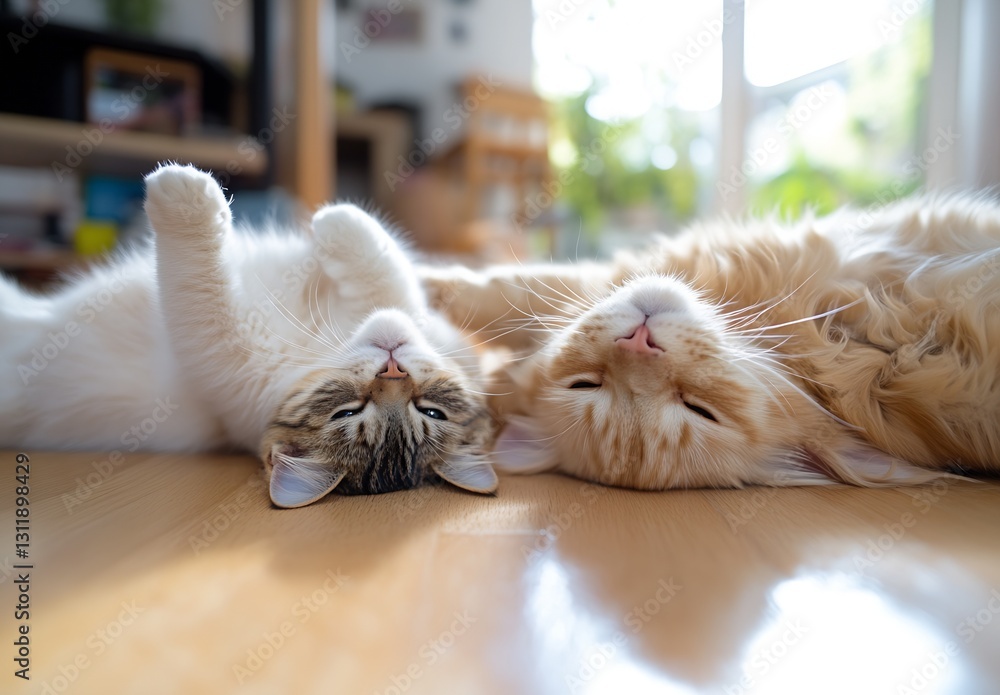 Poster playful cats relaxing together on floor sunbathing with warm natural light streaming in : generative